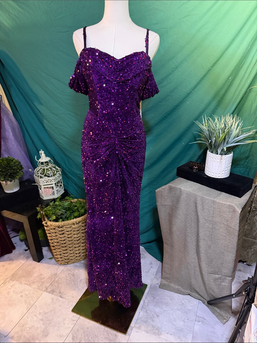 Elegant Purple Sequin Off-Shoulder Maxi Dress